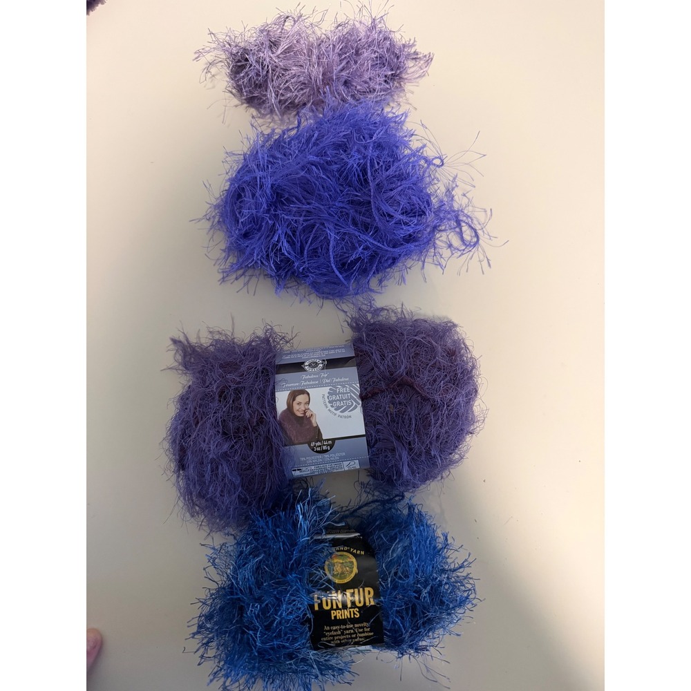Mixed Lot 4 Skeins Eyelash Yarn Lion Brand Fun Fur Prints Indigo Loops & Threads